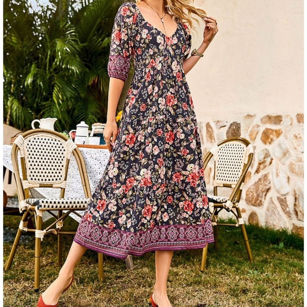 Suzanne Betro Sweetheart Neckline Border Print Midi Dress Sz 1X